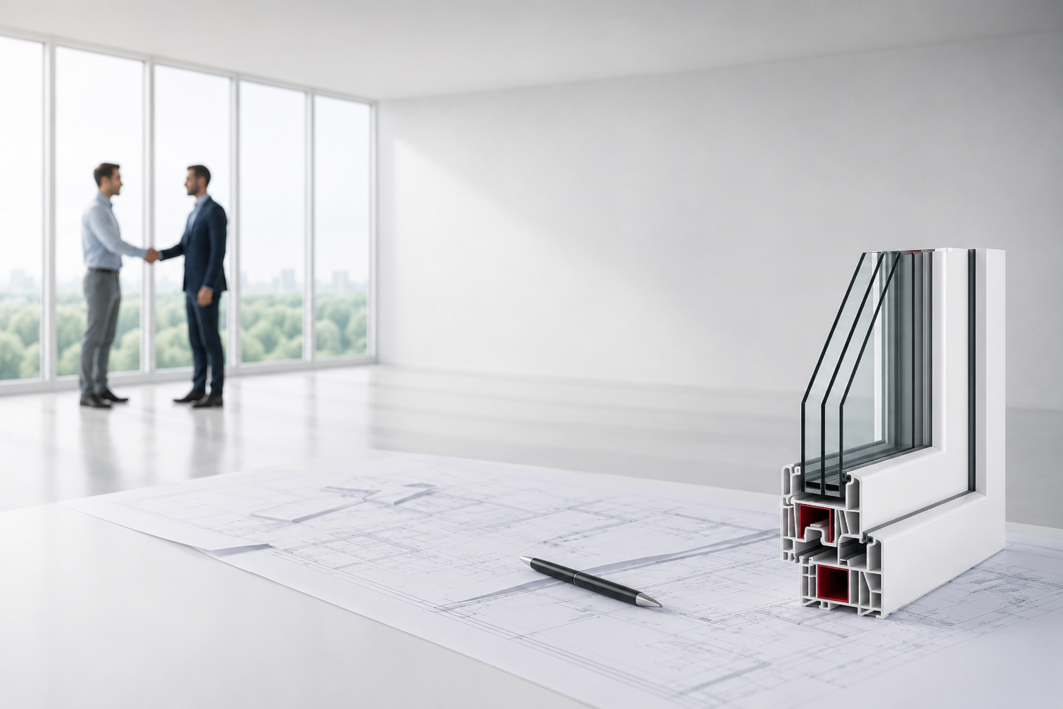 Doi parteneri de afaceri dând mâna, cu un profil de tâmplărie pe planuri de proiectare — COSTI SYSTEM