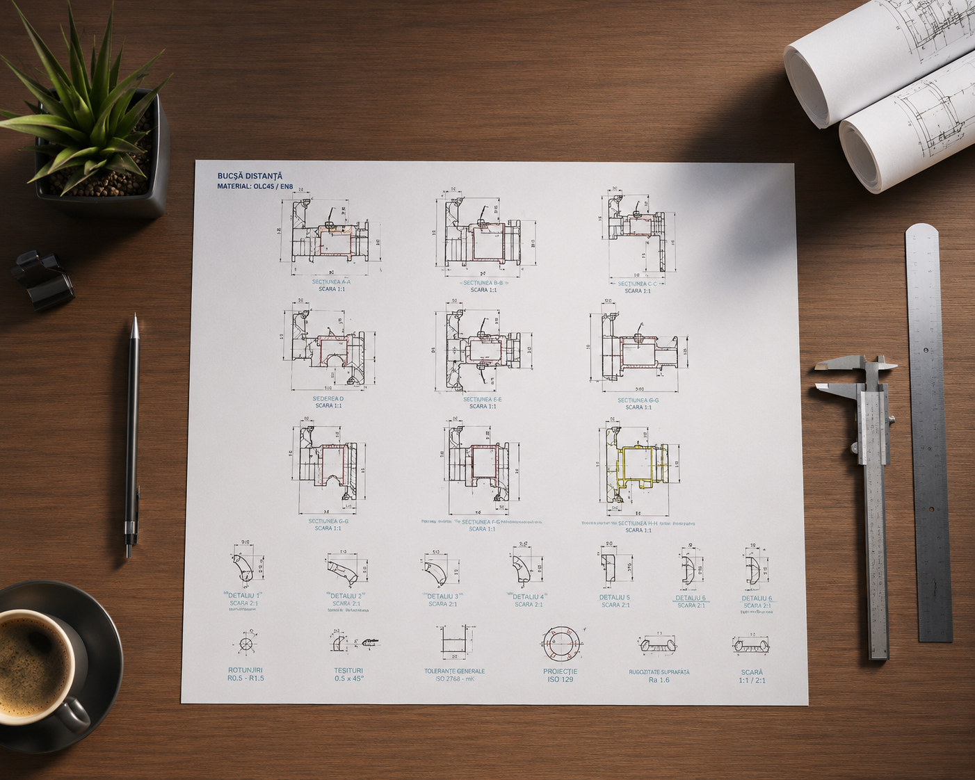 Planuri tehnice de tâmplărie pe un birou cu rigle, șubler și o cafea — COSTI SYSTEM